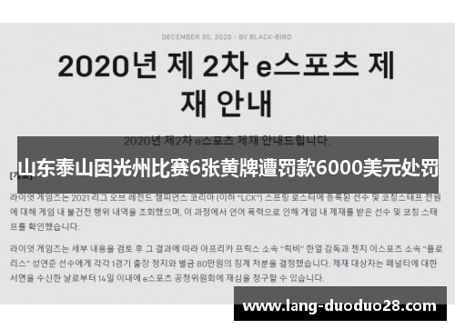 山东泰山因光州比赛6张黄牌遭罚款6000美元处罚