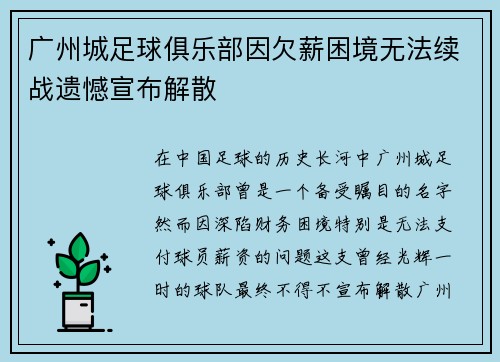 广州城足球俱乐部因欠薪困境无法续战遗憾宣布解散