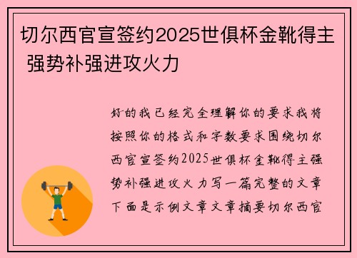 切尔西官宣签约2025世俱杯金靴得主 强势补强进攻火力