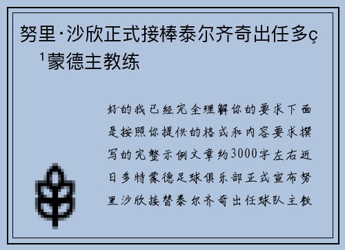 努里·沙欣正式接棒泰尔齐奇出任多特蒙德主教练